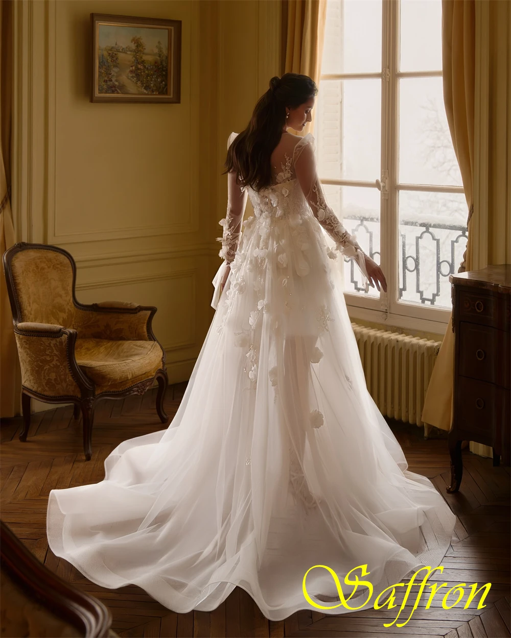 تخصيص مزاجه الأورجانزا الخامس الرقبة مساء اللباس رشيقة طويلة الأكمام فساتين حفلة موسيقية أزياء الزهور فساتين المناسبات الخاصة