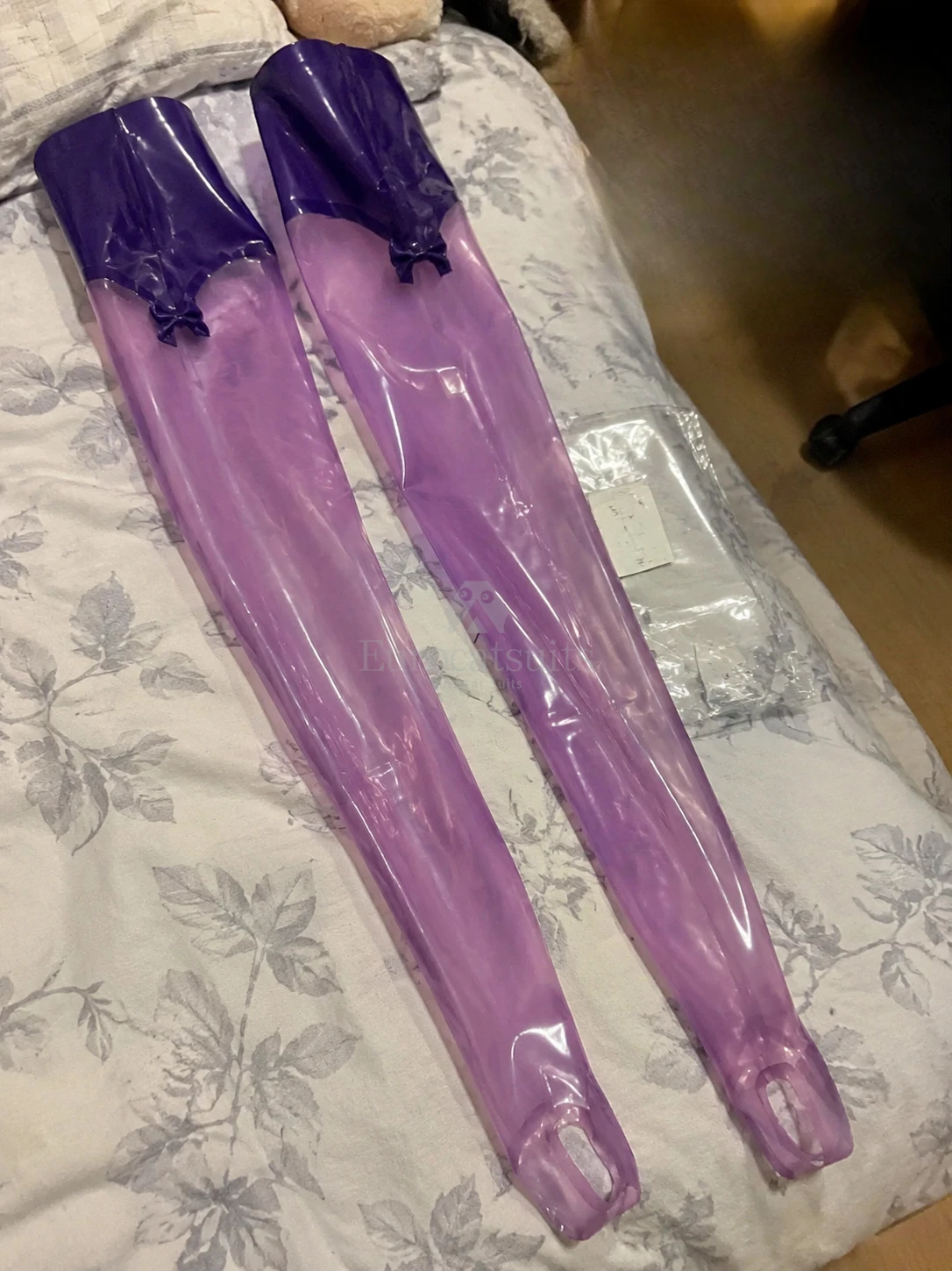 Women's Purple Color Block Shiny Thigh High Stockings Latex Stage Costume Cosplay Party Handmade
