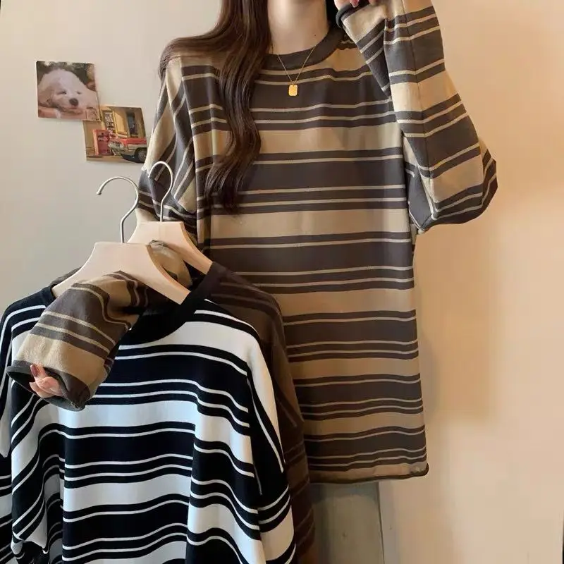 Long Sleeve Casual Femme T-Shirts Autumn Winter Striped Simplicity Undercoat Office Lady Tops Simplicity Women's Clothing 2023