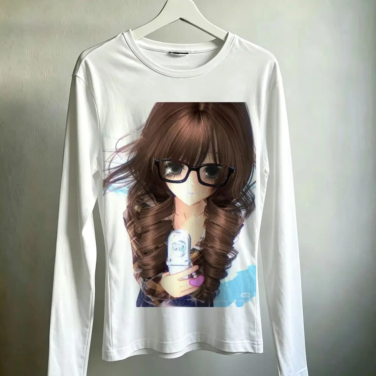Y2K-Brille, lockiges Haar, Anime-Mädchen, Klapphandy-Print, Damen Slim-Fit Langarm-T-Shirt, Retro Harajuku Manga, enganliegendes Streetwear-Oberteil – Detail 7