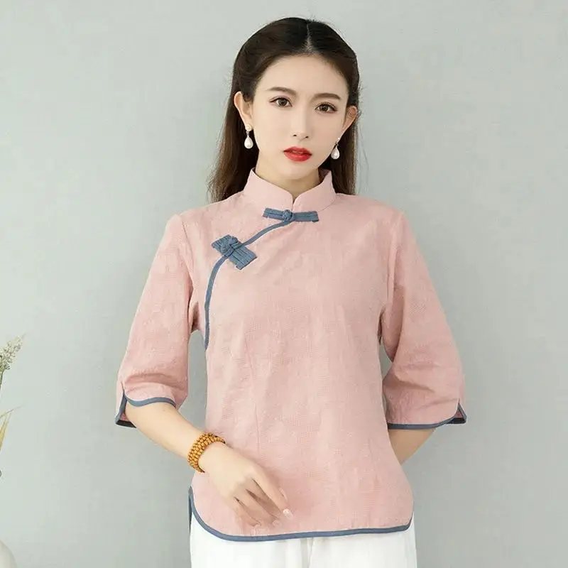 

Cotton Linen Retro Half-sleeved Women's Top 2025 Summer New Jacquard Chinese Style Blouse Female Hanfu Zen Tea Clothing Women's