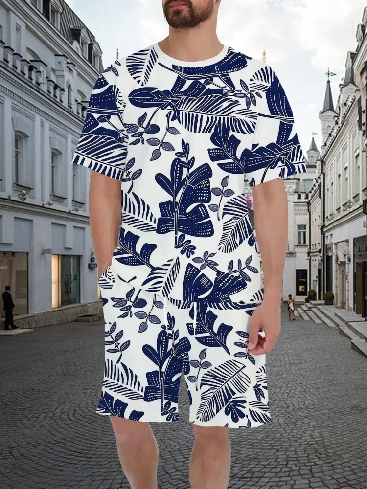 

Tropical Plant Pattern T-shirts Set Men Summer Beach Vacation T-shirtsHawaiian 2 Piece Set Men Tshirt Fashion Men Casual Top Set