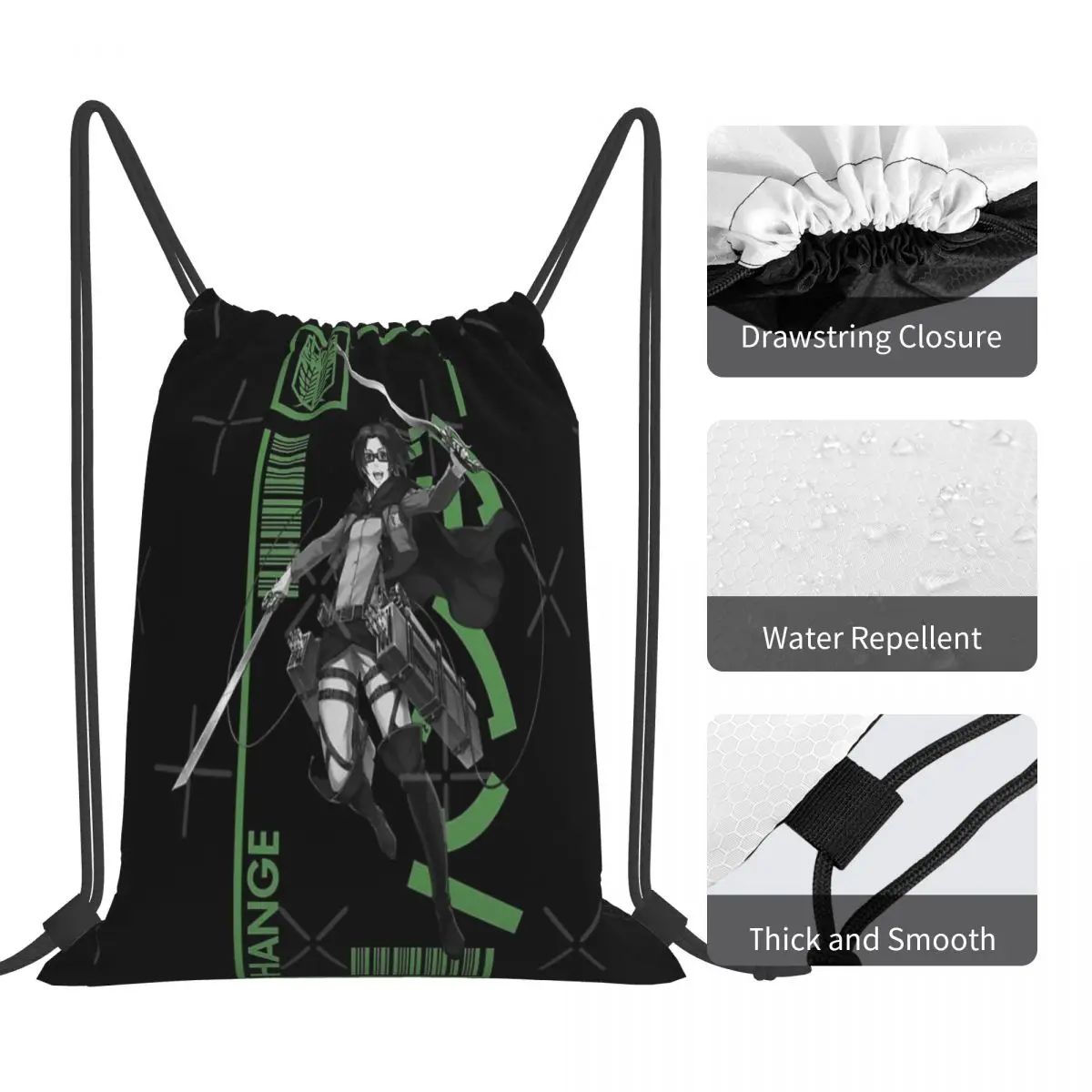 Hange Zoe - Attack On Titan Mochila para Homens, Tipografia 3 Drawstring Handbag, Shoulder Bag