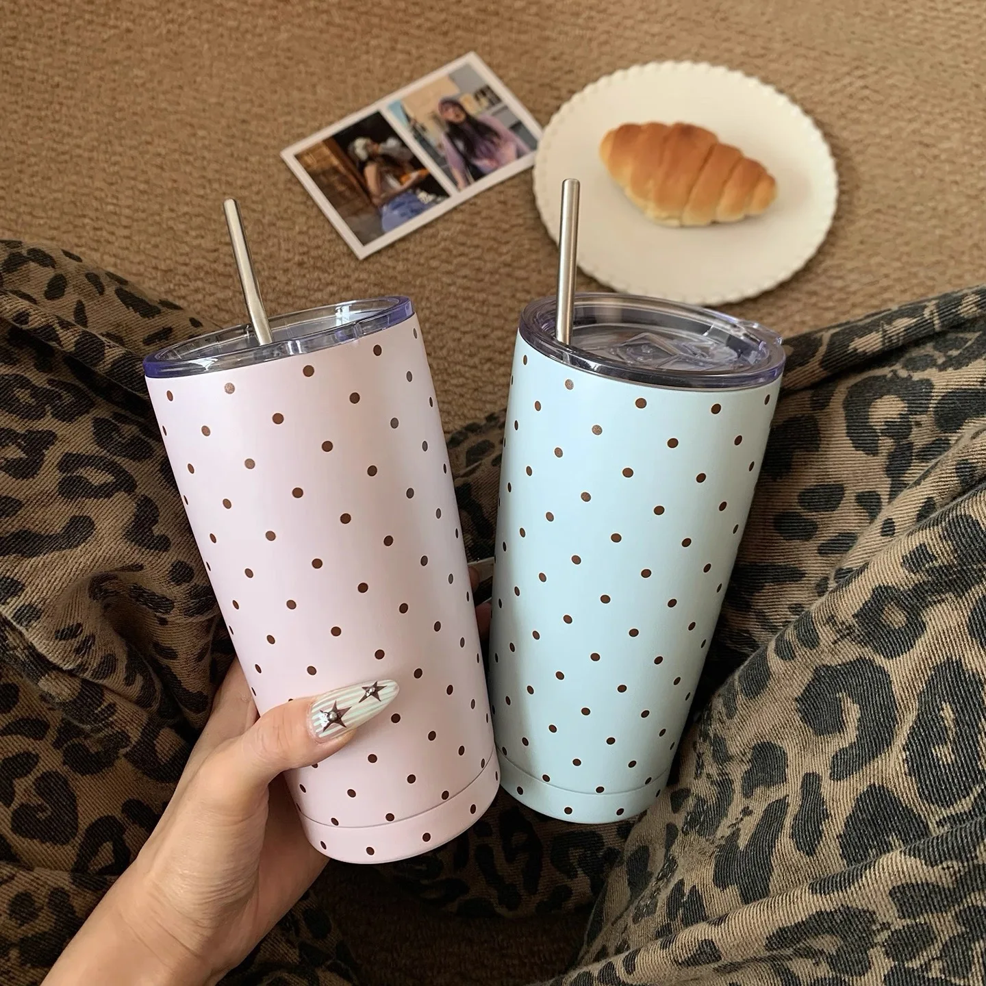 Ins Macaron Polka Dot Stainless Steel Coffee Tumbler, Double Wall Hot & Cold Insulated Straw Cup, Portable Car Travel Water Mug