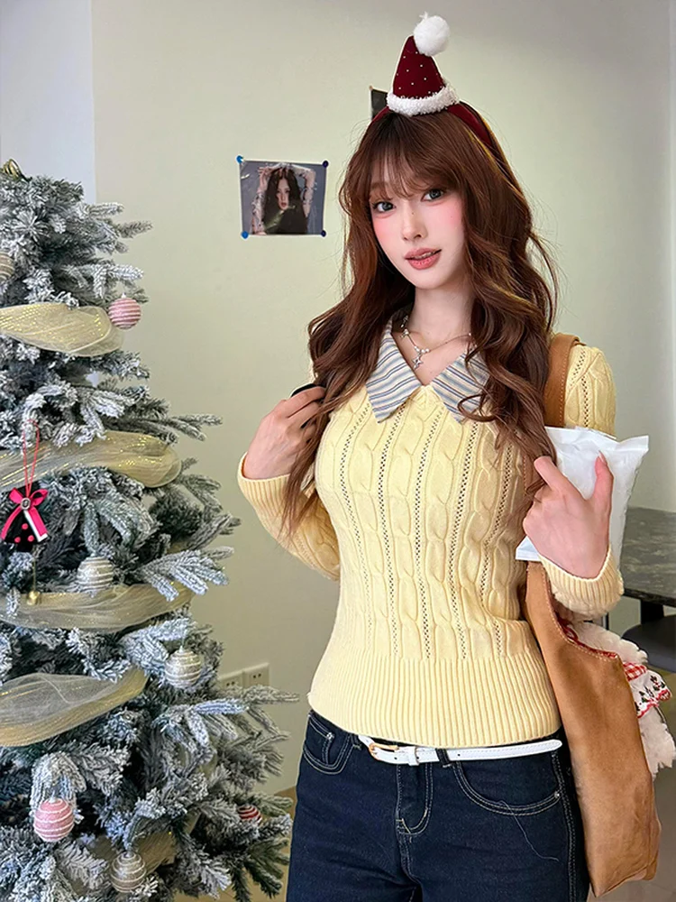 Koreański sweter damski z dzianiny w paski, z kołnierzykiem, na jesień i zimę, modny, z kontrastowymi kolorami...