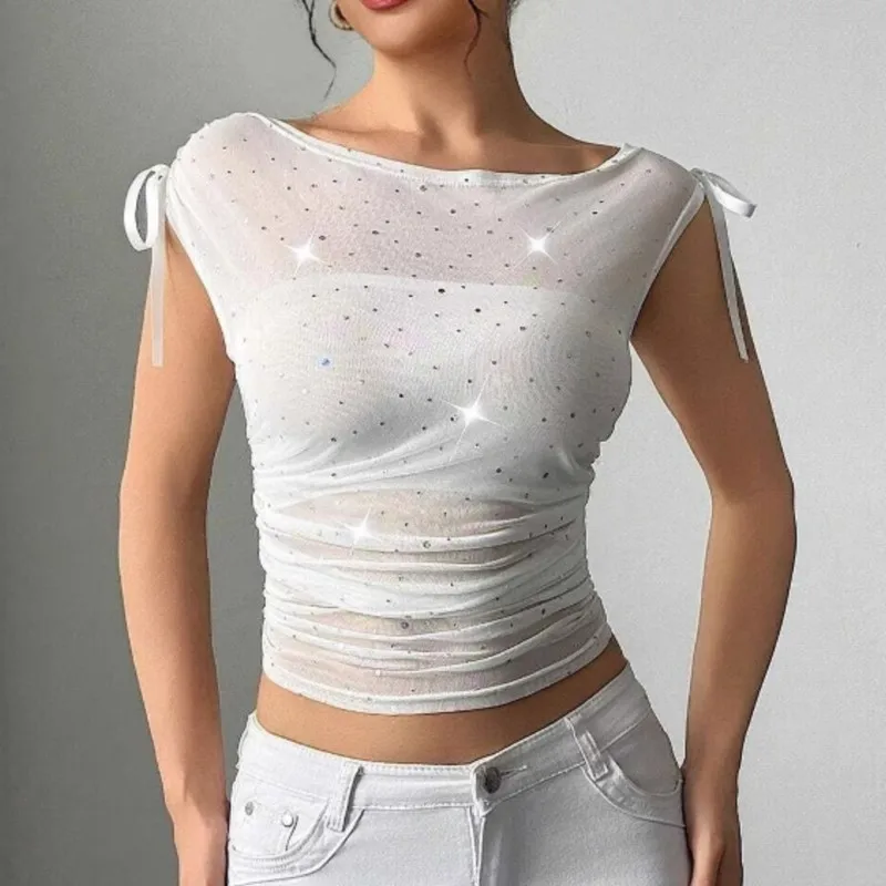 Sexy Sheer T Shirt For Women Fashion O Neck Sleeveless Sequins Slim Pullover Short Tee Shirt Femme Casual Holiday Streetwear New