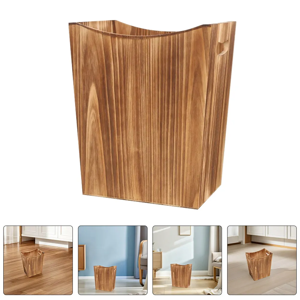 

Wooden Garbage Can Rustic Rectangular Design Bathroom Bedroom Laundry Hamper Natural Wood Grain Trash Bin For Office