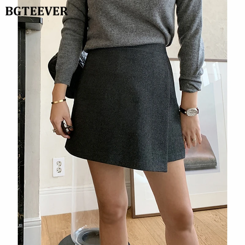 BGTEEVER Elegant Split Woolen Shorts Skirts for Women Thick Warm Female Mini Skirts Winter