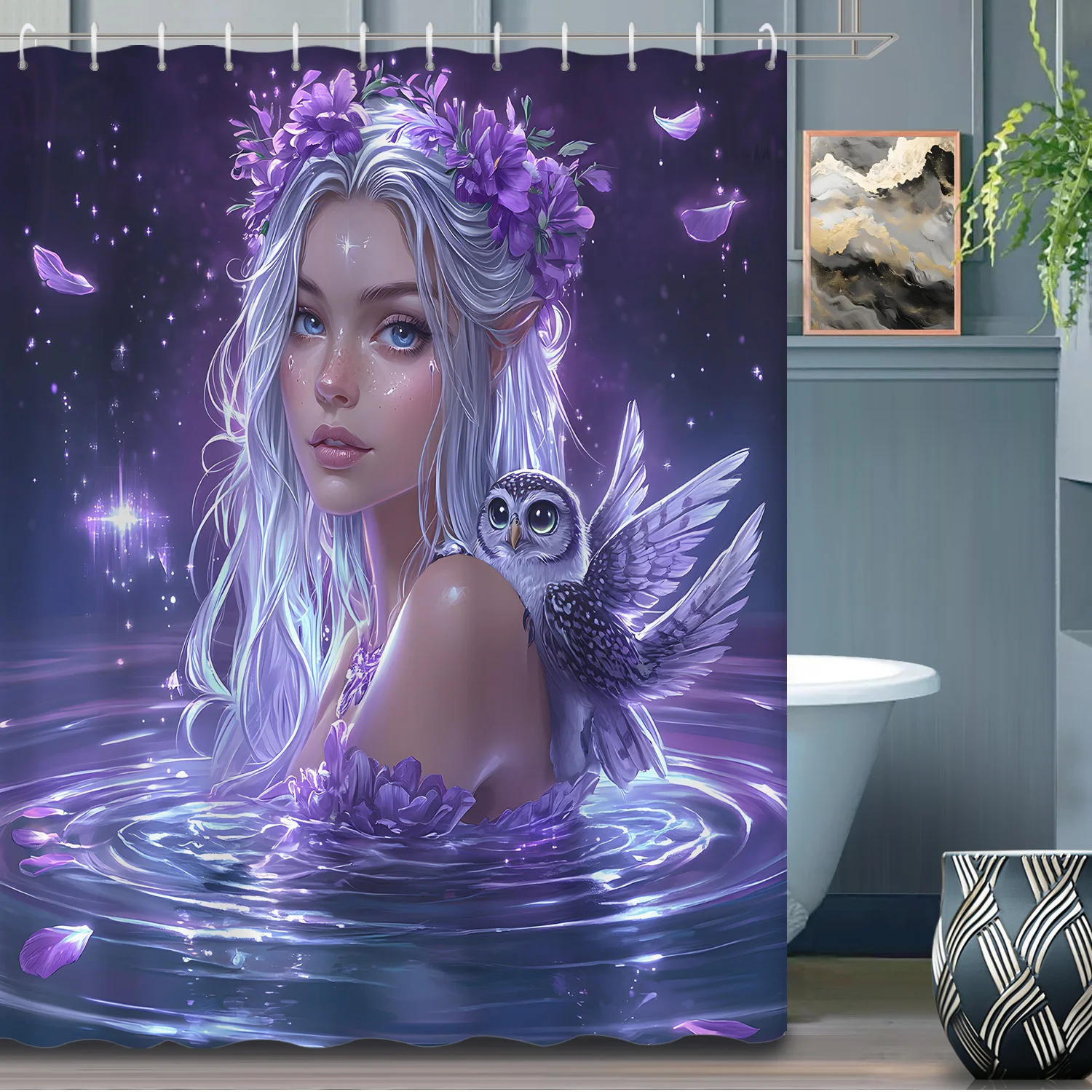 

1 шт., занавеска для душа «Мистическая женщина и сова» — фиолетовый цветочный фэнтезийный художественный декор для ванной комнаты, прочный полиэстер, можно стирать в машине с крючком