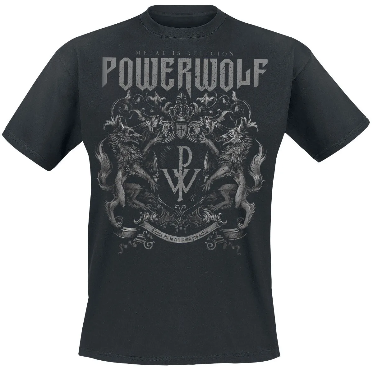 

Powerwolf Metal Is Religion Graphic Tee for Power Metal Fans Who Love Band’s Gothic-Themed Heraldic Design in Casual Wear
