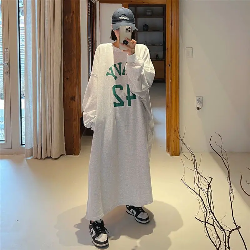 Korean Version Fashion Lazy Style Printed Loose Casual Autumn Long Dress Women's Round Neck Patchwork Long Sleeve Long Dresses