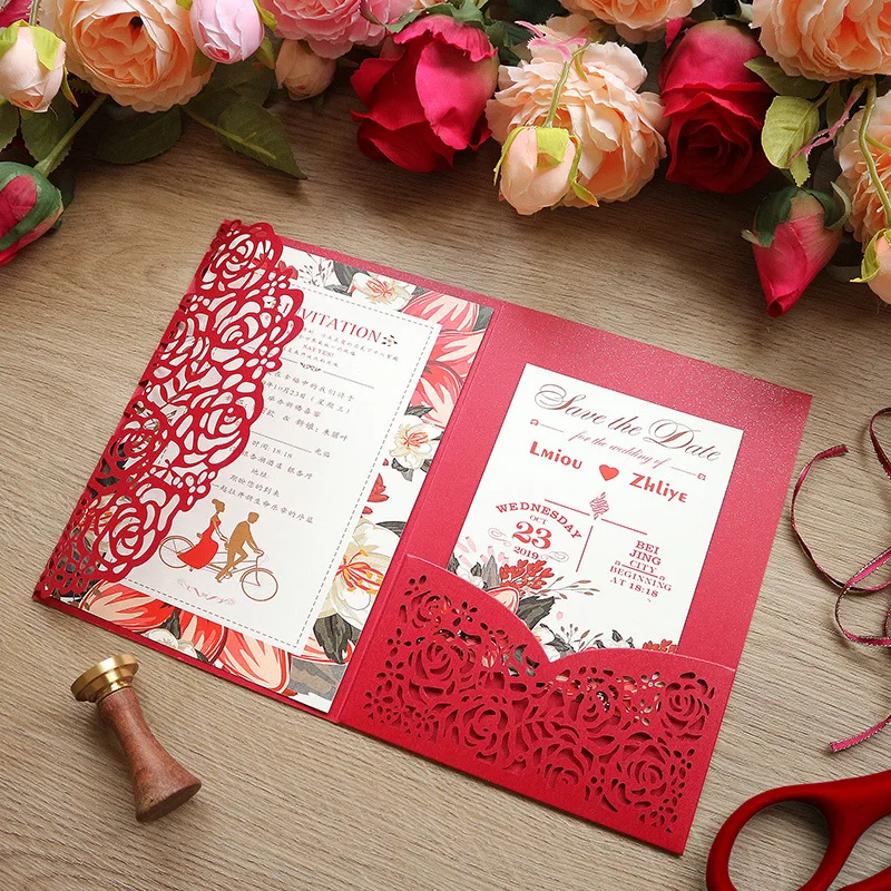 (50 pieces/lot) Laser Cut Rose Burgundy Wedding Invitations Tri-Fold Customized Birthday Greeting Card With Thank You Card IC132