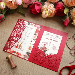 10 pieces Laser Rose Red Wedding Invitation For Overseas Chinese, Customized Print Birthday Party Card with Reply Cards IC132