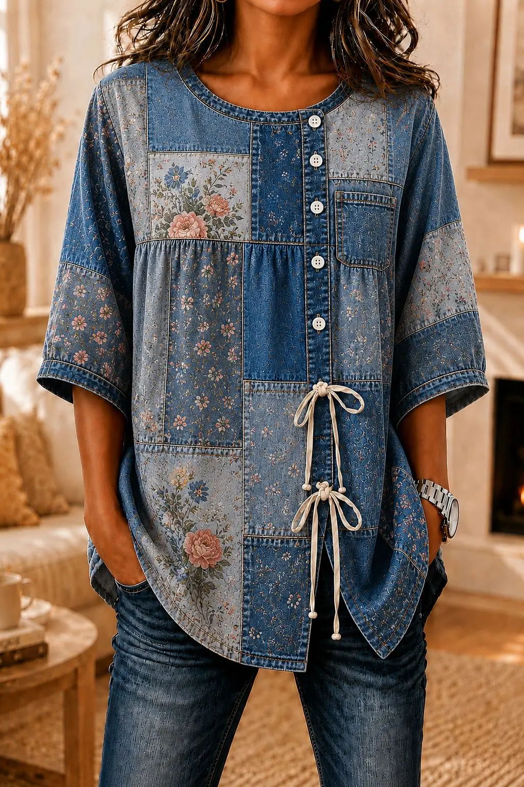 

Women's Vintage Denim Patchwork Floral Print Drawstring Button Up Blouse, Casual Round Neck Tops for Spring Summer Daily Wear