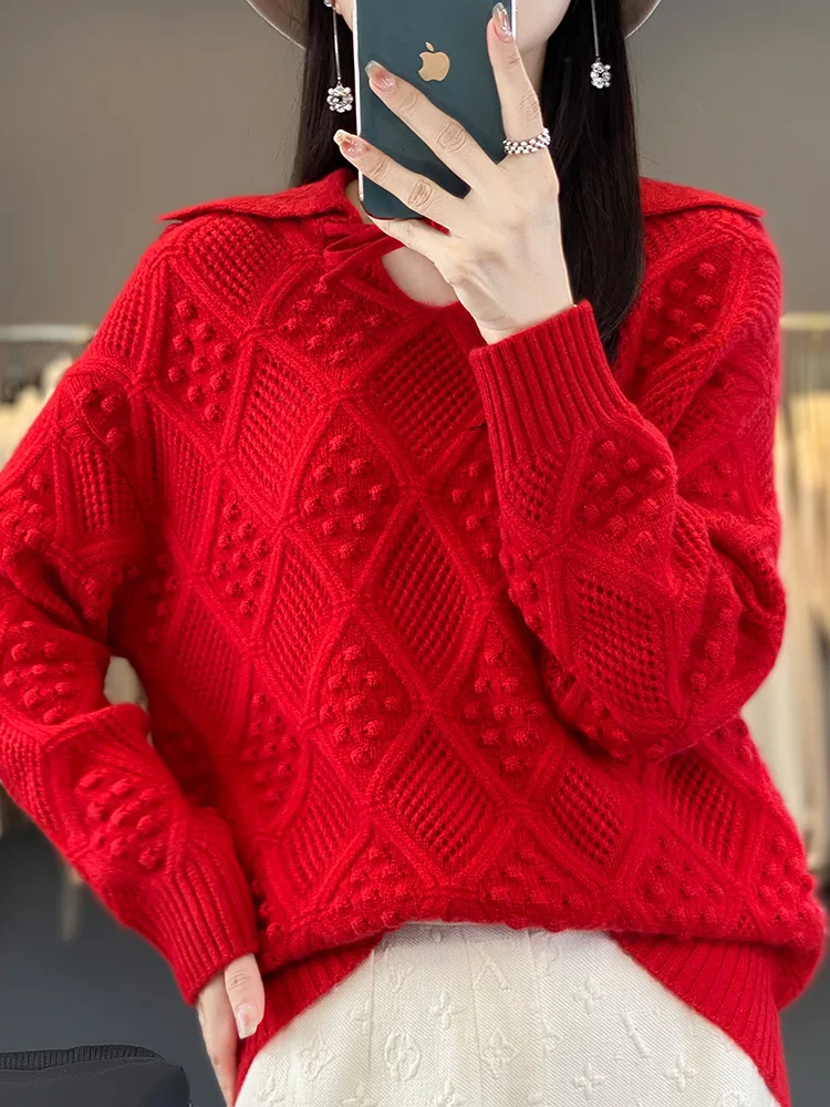 Addonee sweter Pullover kerah pelaut berongga wanita sweter musim semi musim gugur kenyamanan Grace 100% atasan rajut wol Merino atasan gaya Korea