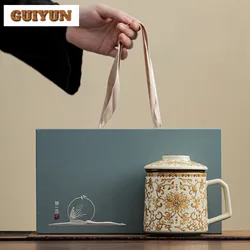 400ml Chinese Ru Kiln Porcelain Filter Tea Separator Cup Golden Flower Blessing Office Work Cup Personal Tea Brewingg Mug Gifts