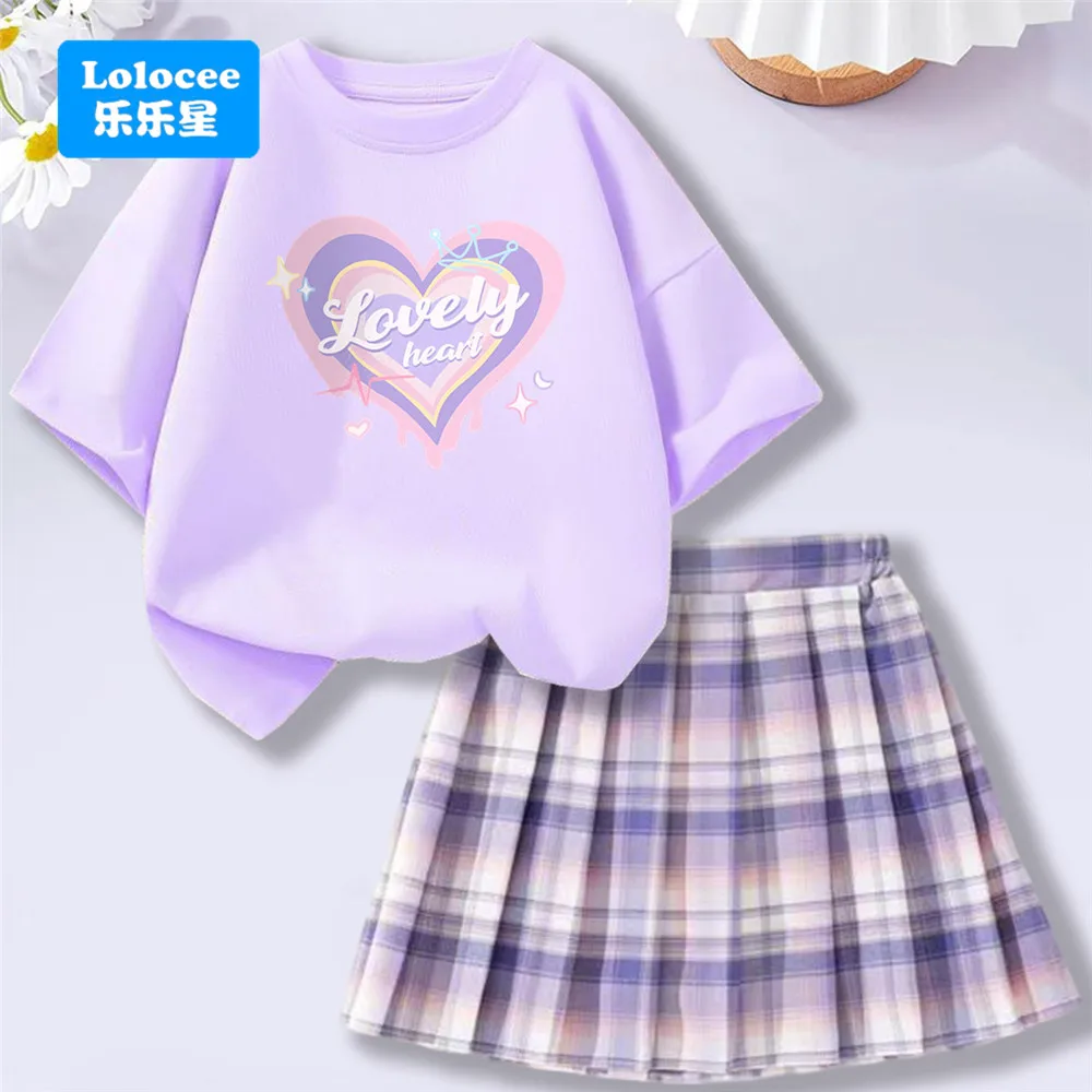 4-14Y Girl School Outfits Short Sleeve Heart Shape T-shirt and Elastic Waist Plaid Skirt 2pcs Sets For Children Preppy style