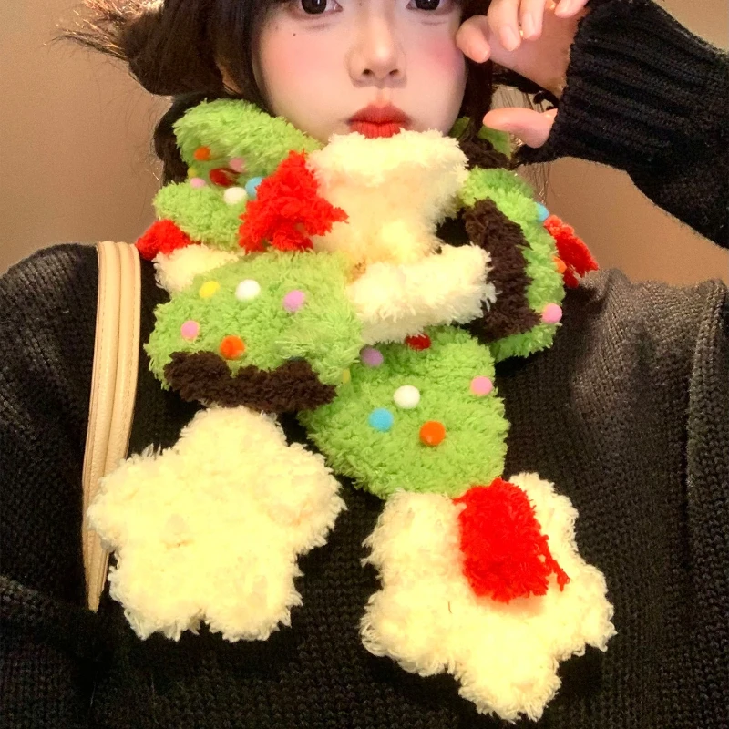 لطيف شجرة عيد الميلاد نجوم المرجان المخملية وشاح محبوك يدويا شتاء ياباني جديد دافئ وشاح الزخرفية السنة الجديدة هدية وشاح