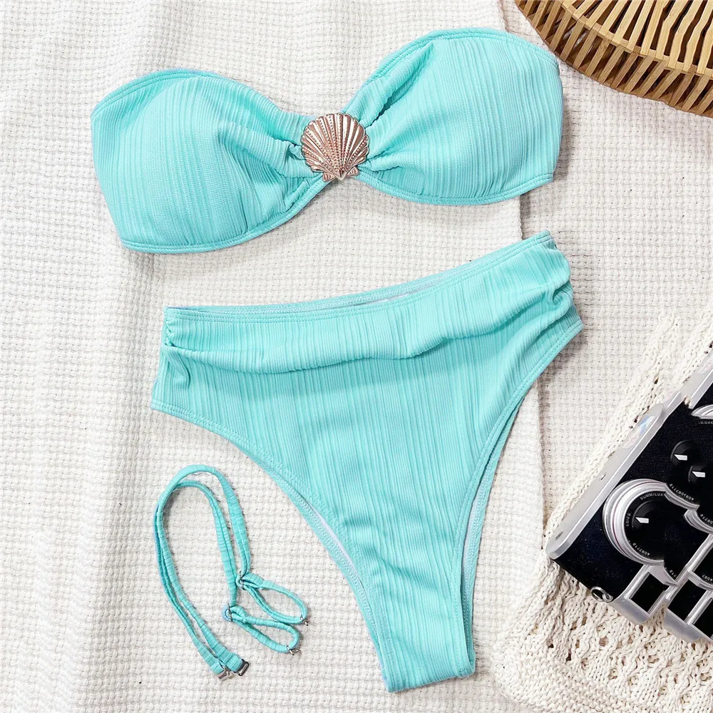 

Blue Ribbed Bandeau High Waist Bikinis Sets Metal Shell Ornament Swimwear Sexy Swimsuit Women 2026 Bathing Suit Beachwear Bikini