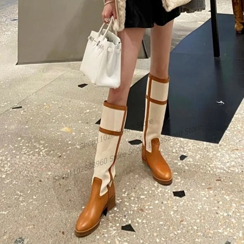 

Mixed Color Big Size Patchwork Boots Chunky High Heel Shoes For Women Slip-On Round Toe 2023 Fashionable Zapatos Para Mujere