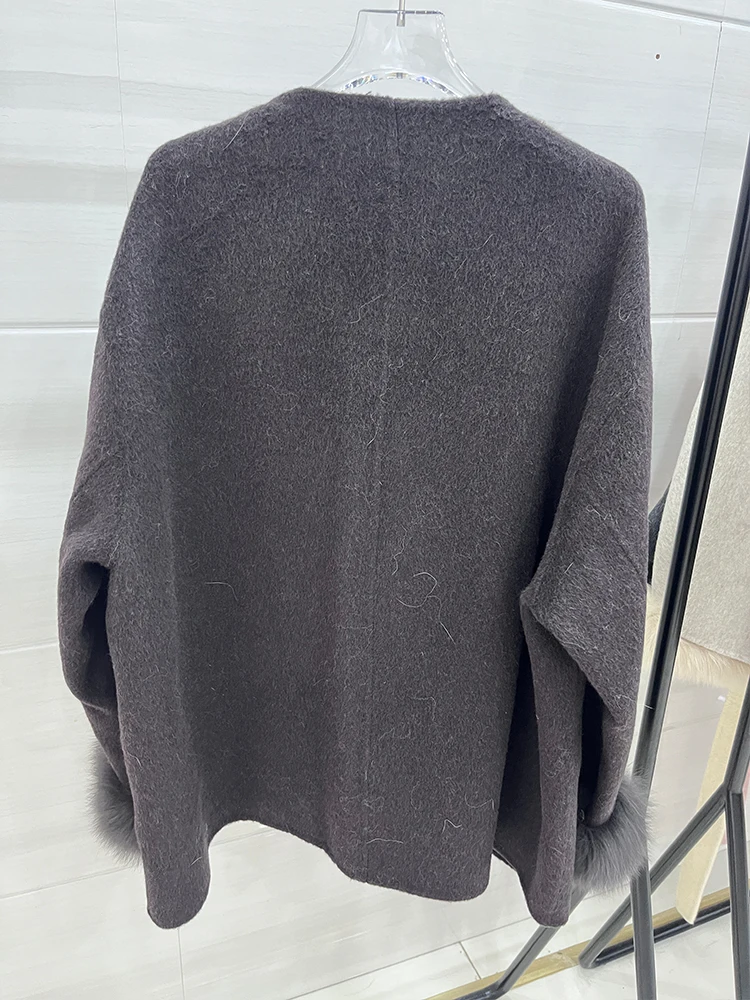 2024 Winter Women\'s Real Natural Fox Fur Collar Coat Wool Scarf Cashmere Warm Jacket Luxury Thick Female Coat