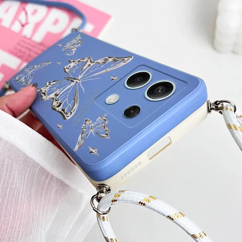 Note13 Silver Butterfly Lanyard Silicone Phone Case For Xiaomi Redmi Note 13 13R 13Pro 11T 12Pro 13ProPlus 11S 12S 12 10S Cover