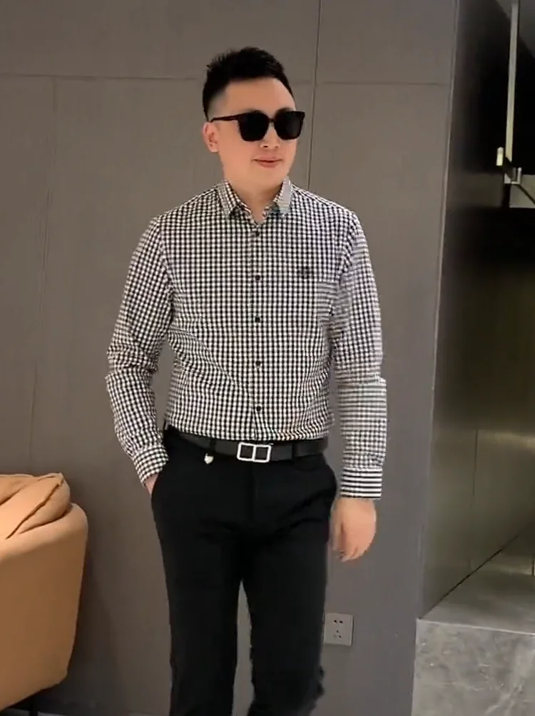 

Рубашка в клетку Slim Fit с длинным рукавом и отложным воротником, мужская модная весенняя новинка в корейском стиле, повседневная, универсальная, не требует глажки