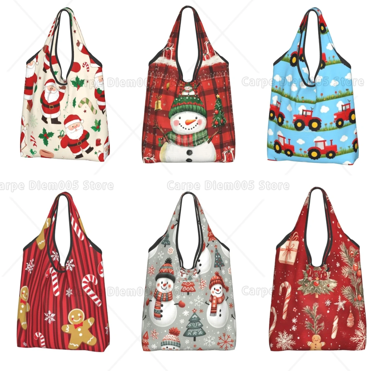 Christmas Tote Bags with Handles Santa Claus Reusable Shopping Bags Foldable Grocery Bags Travel Recycle Shopping Eco Print