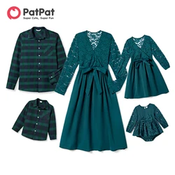 PatPat Family Matching Long-sleeve Plaid Shirts and V-neck Lace Splicing Belted Dresses Sets