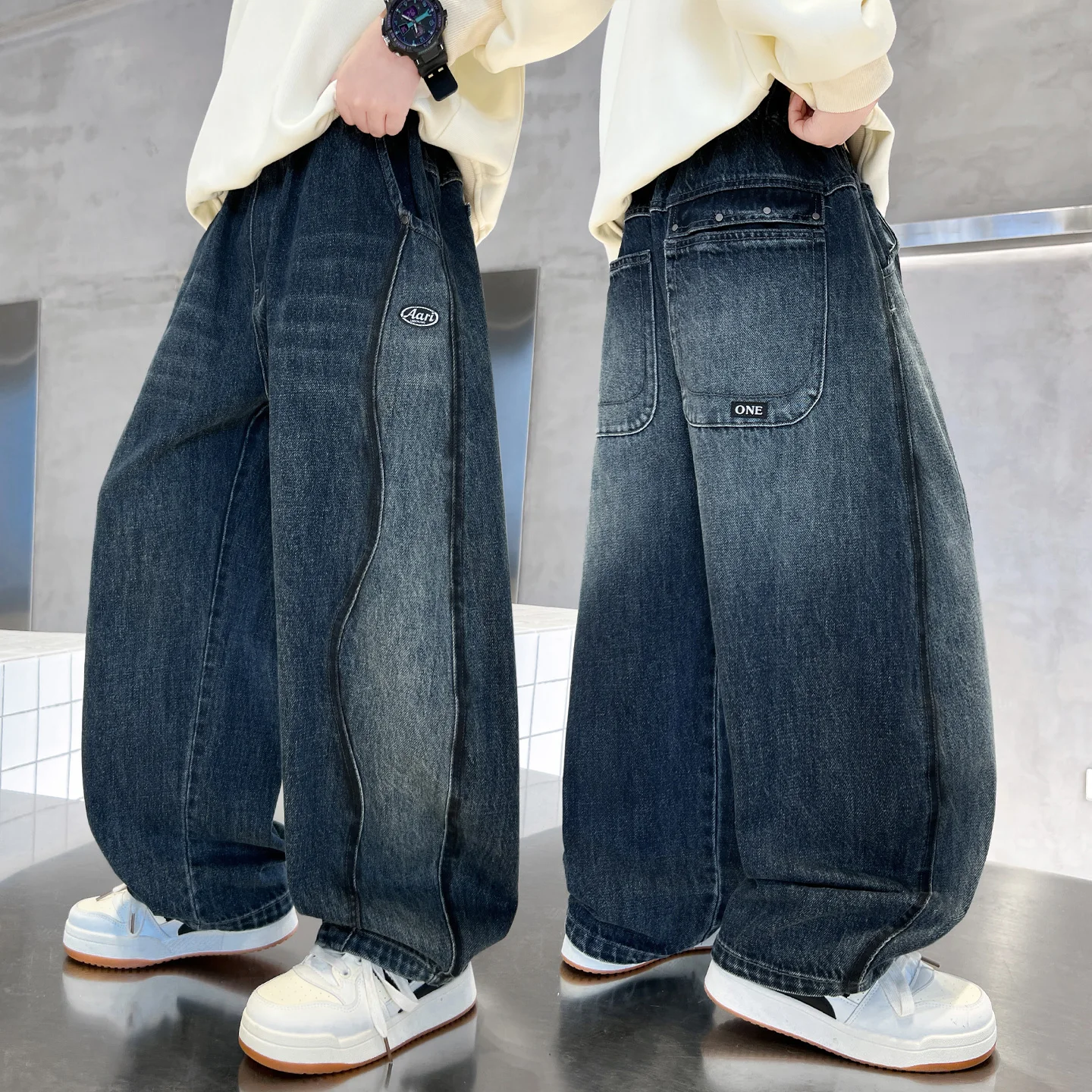 Children's Wide Leg Jeans Teen Boys Loose Long Trousers Spring Autumn Fashionable Cotton Denim Mid-Tall Kids Stylish Pants