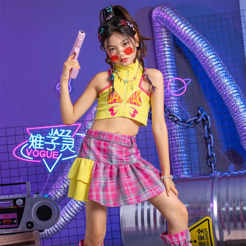 

Jazz Dance Costume Yellow Tops Plaid Skirt Girls Concert Performance Wear Festival Cheerleading Costume Kpop Outfit DL10718