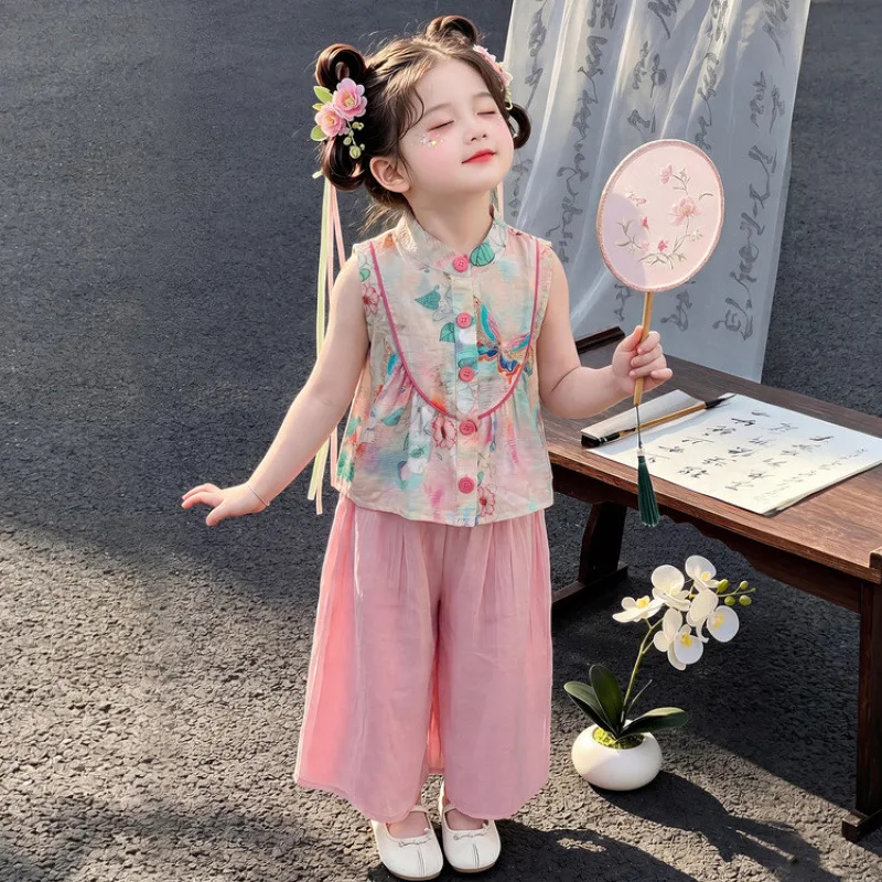 Girls Chinese Style Set 2026 New Baby Summer Chinese Vest Two Piece Set Kids Childrens Day Performance Costume
