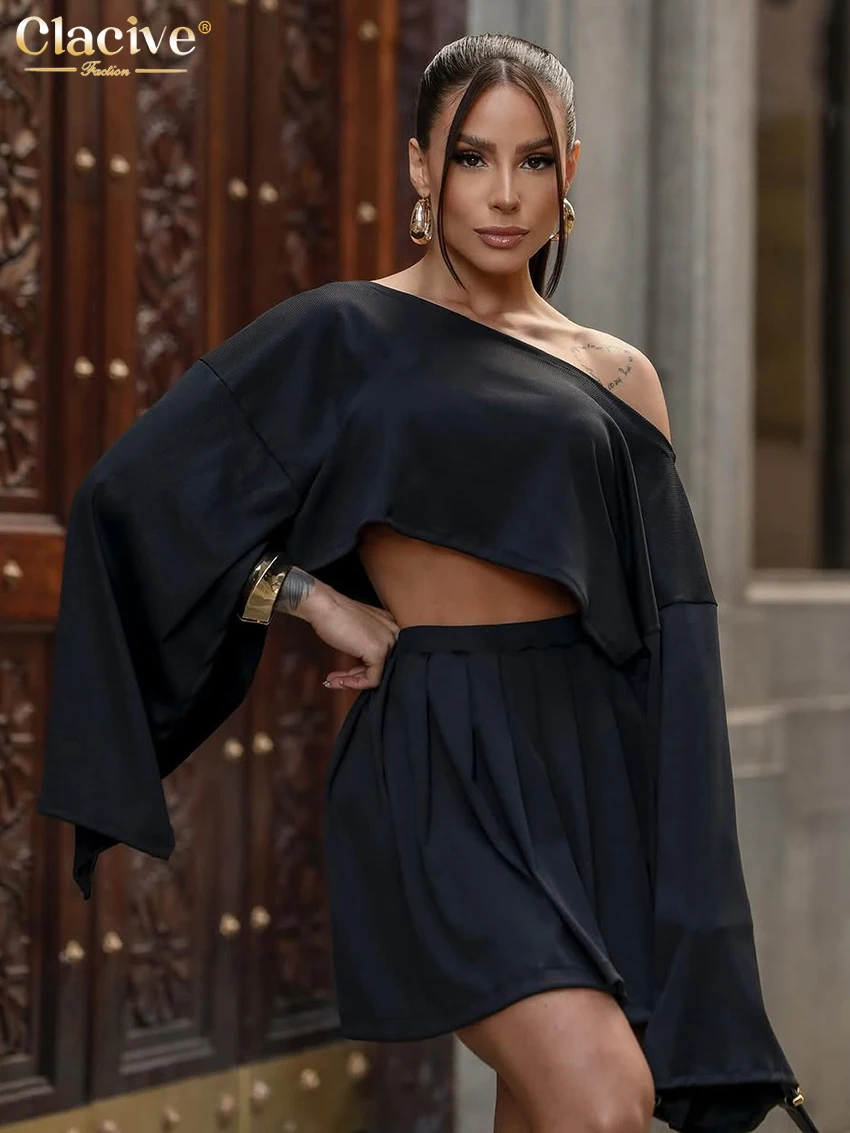 Clacive Sexy Loose Black Women's Two Pieces Set 2025 Fashion Long Sleeve Crop Top With High Waist Pleated Mini Skirt Set Female