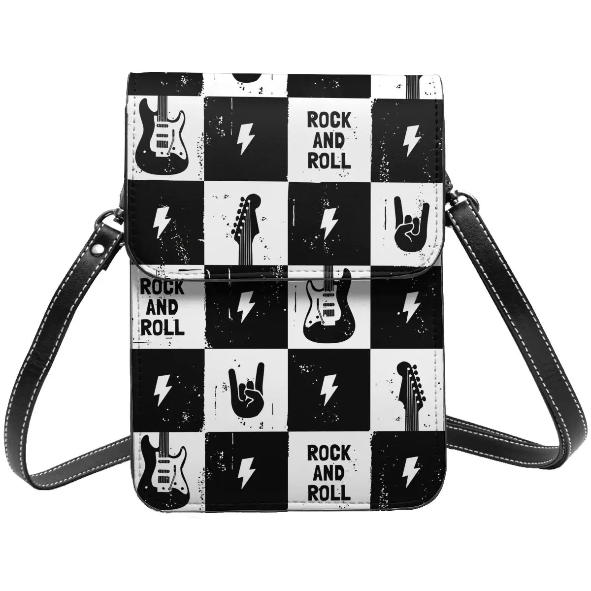 

Checkered-Rock-Roll Leather portable phone case with multiple storage spaces,it easy to see phones, cards, and cash at a glance