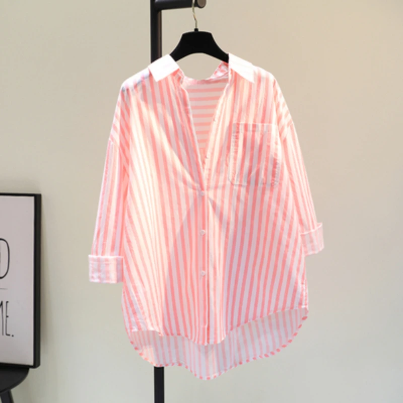 Yellow Cotton Linen Women Shirts 2024 Summer Korean Fashion Lady Blouse Loose Pockets Cardigan Thin Outerwear Striped Tops KN514