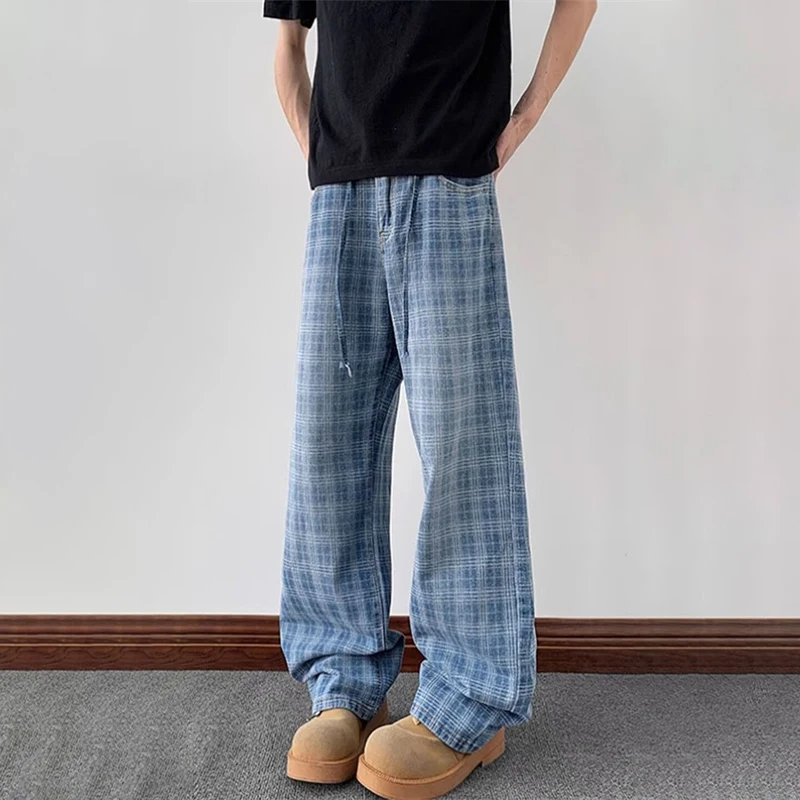 

Осенние синие джинсовые брюки в клетку High Street для мужчин, корейская мода, классические прямые широкие джинсы Y2K, новые мешковатые джинсы в стиле хип-хоп