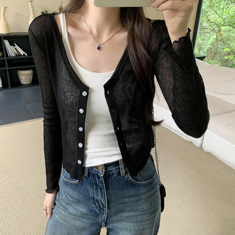 2024 New Knit Cardigan Women Sexy V Neck Long Sleeve Knitted Sweater Coat Korean Style Vintage Slim Cardigan