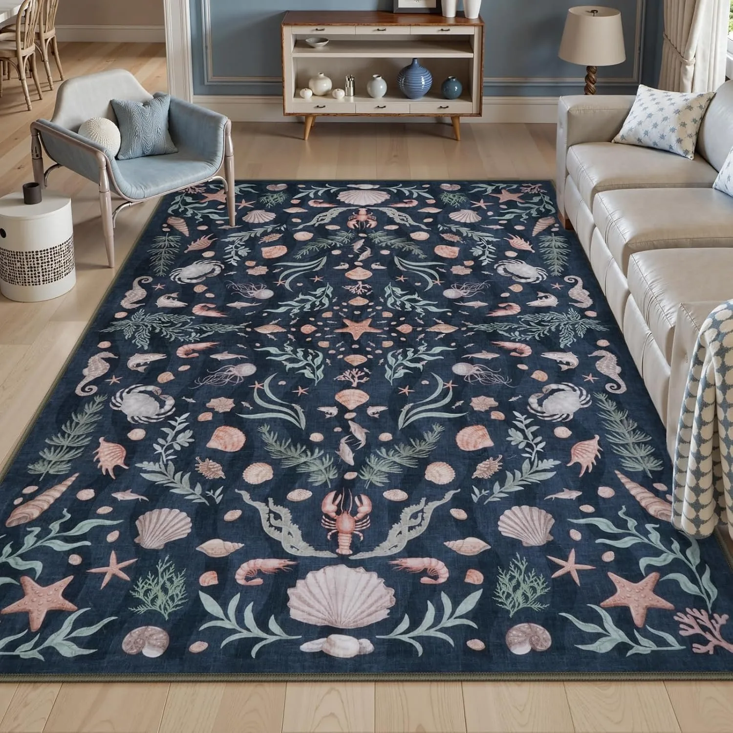 

Living Room Carpet Vintage Coastal Machine Washable Bedroom Carpets Home Decor Non Slip Soft Low Pile Farmhouse Ocean Beach Rug