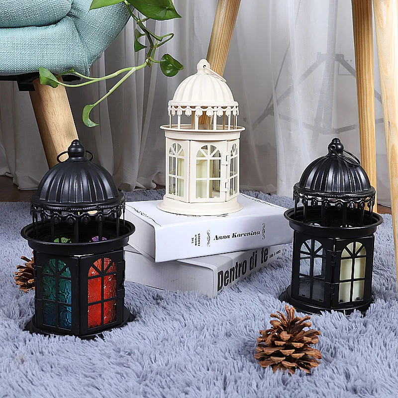 2-Pack Moroccan Macaron Black / White / Blue Hollowed Wrought Iron with Candlestick Lantern for Bar Table Wedding Decoration