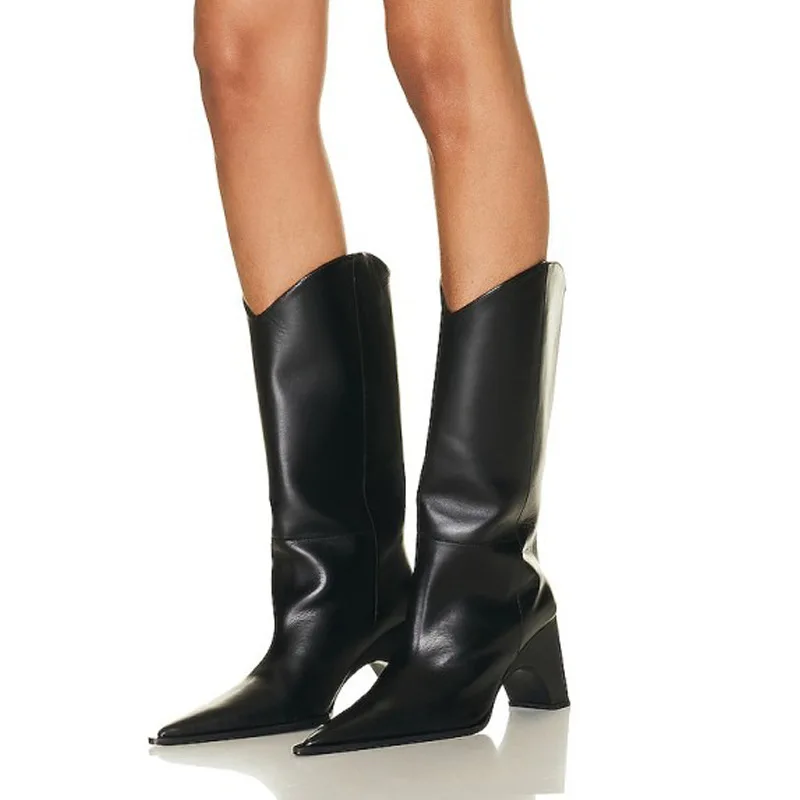

Женские кожаные сапоги до колена с острым носком на массивном каблуке в западном стиле, модная женская обувь, модная осенне-зимняя обувь