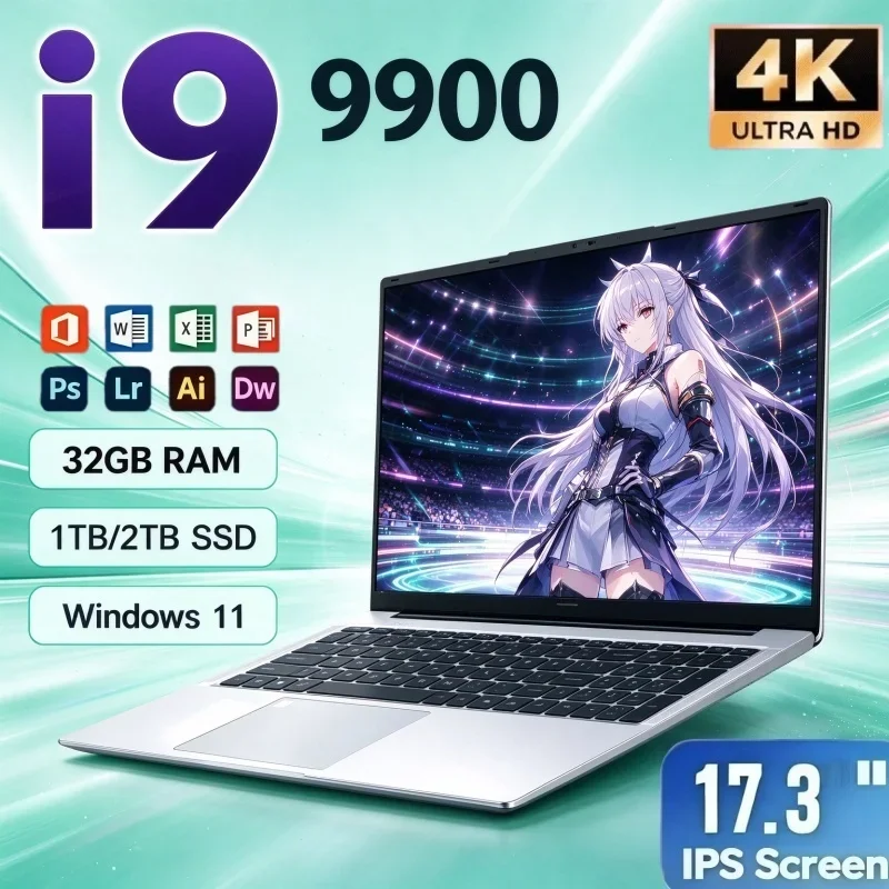 Powerful 17.3 Inch HD Laptop Intel I9-9900 32GB RAM 2TB SSD Windows11 Fingerprint Unlock Notebook For Document Editing
