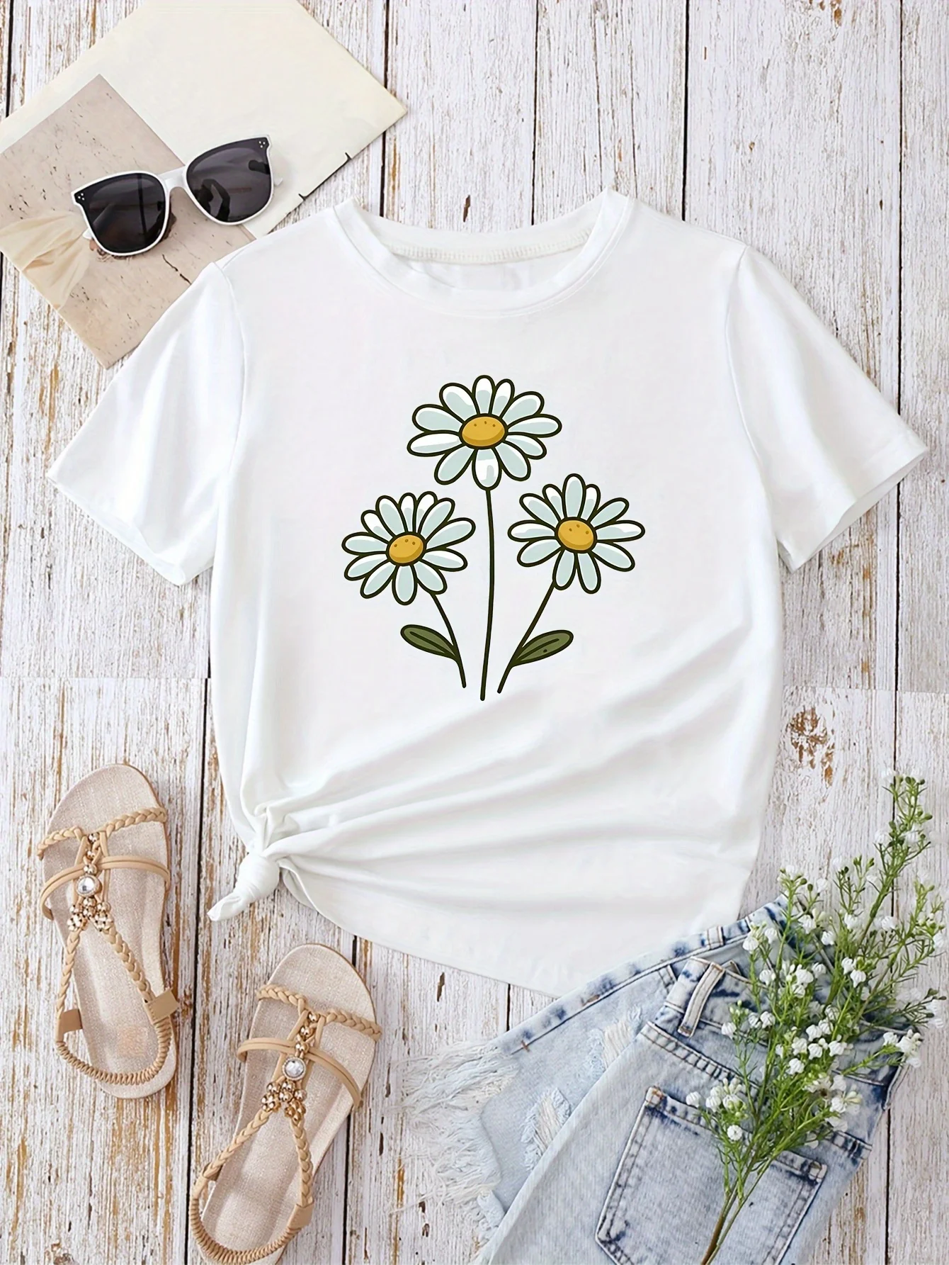 

Женская футболка с цветочным принтом в стиле бохо, Harajuku, повседневная женская футболка с коротким рукавом, одежда, уличные топы, футболки, эстетичная одежда