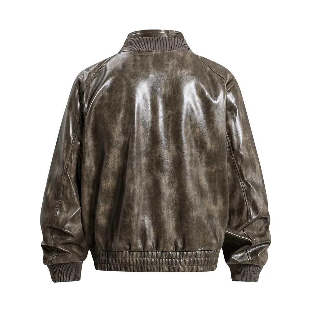 MWJLPWQ Tie-Dye Distressed Glossy Stand-Collar PU Leather Jacket Men Trendy Vibe Double Placket Design Large Pockets Tops 20243