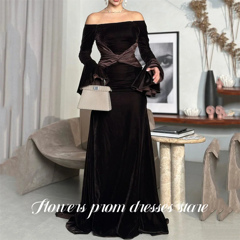 

Цветы Темно-коричневые платья для выпускного вечера с открытыми плечами Гала-платья Бархатное вечернее платье с расклешенными рукавами Русалка فساتين س Индивидуальный заказ