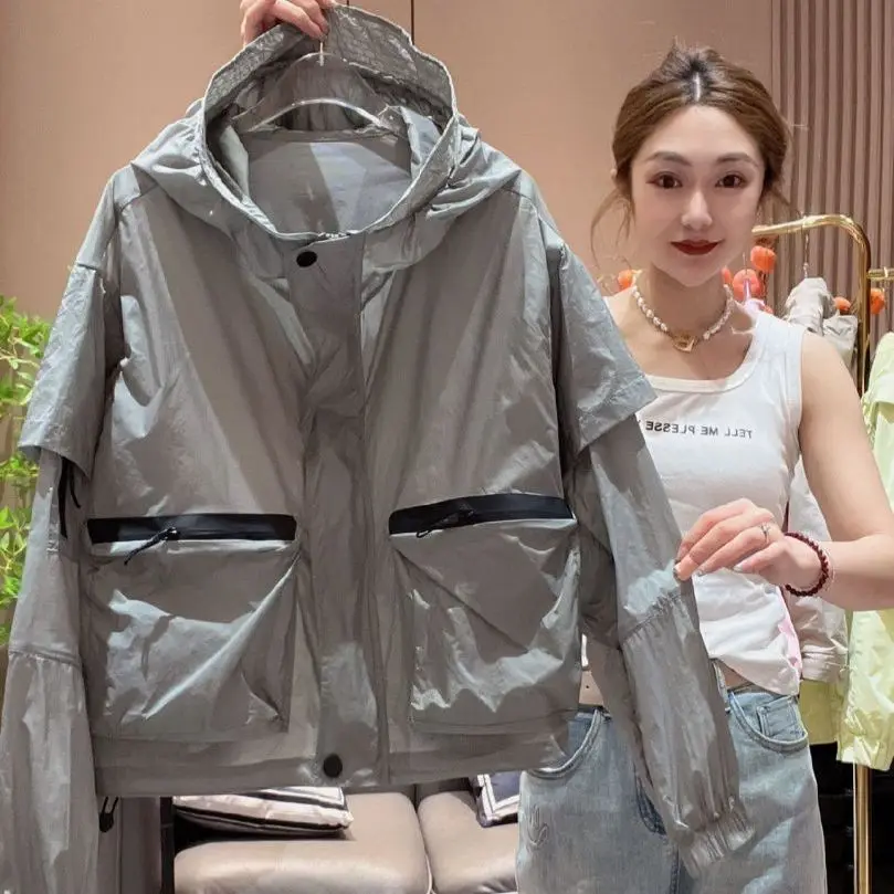 

2025 новый дизайн, солнцезащитный крем, карман, уличная тонкая свободная куртка, женская летняя толстовка с капюшоном на шнурке, повседневный топ