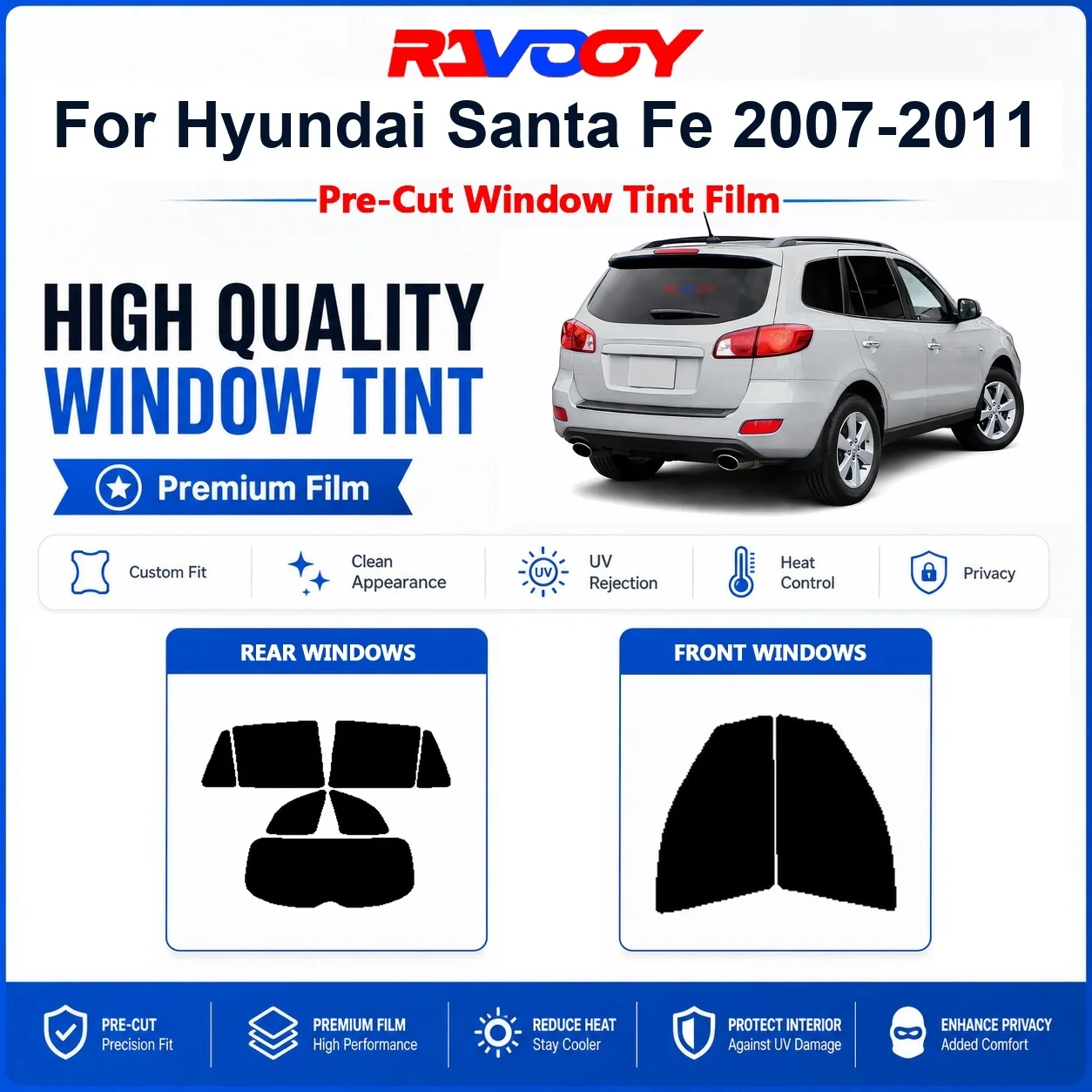 Premium Pre-Cut Window Tint For Hyundai Santa Fe 2007-2011 Front & Rear Windows UV Heat Rejection Privacy Film
