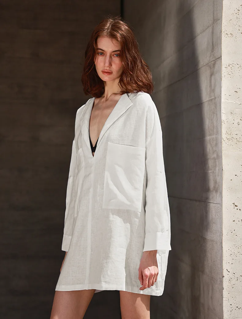 فستان قميص كتان عتيق 100% للنساء بياقة على شكل v وأكمام طويلة مع جيوب لون أبيض غير رسمي فضفاض ملابس خروج قصيرة