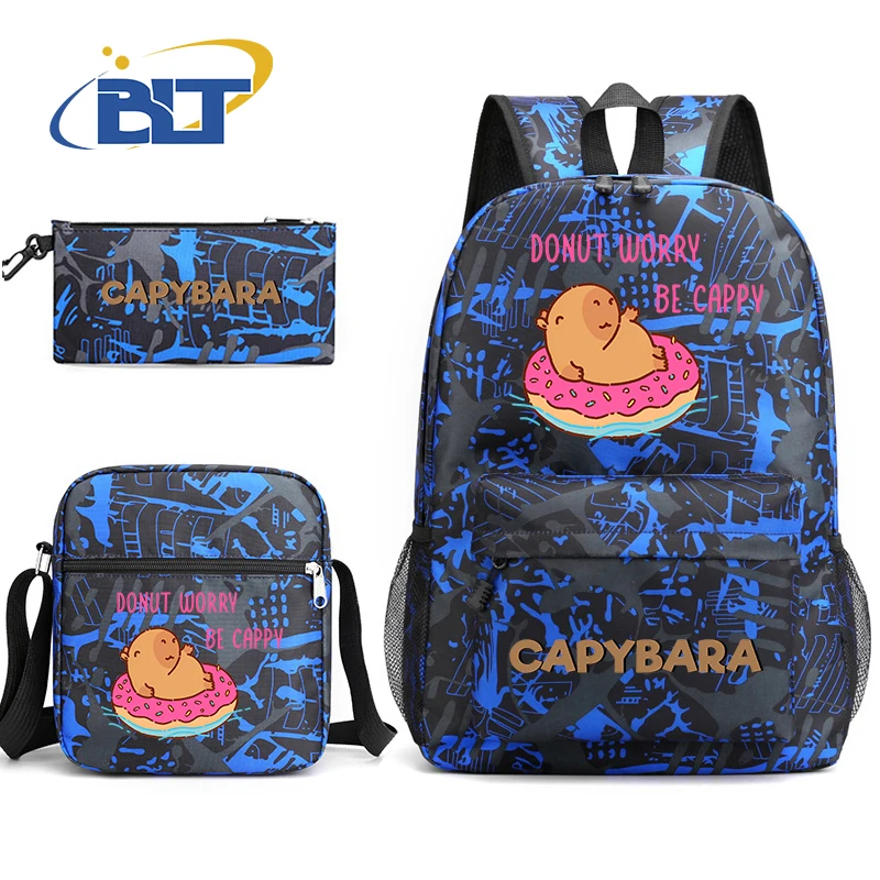 Capybara Cartoon Animal Print Mochila Set, Bolsa Escolar Estudante, Bolsa de Ombro, Lápis Case, Kids, Presente de Volta à Escola, Bonito, 3 Pcs