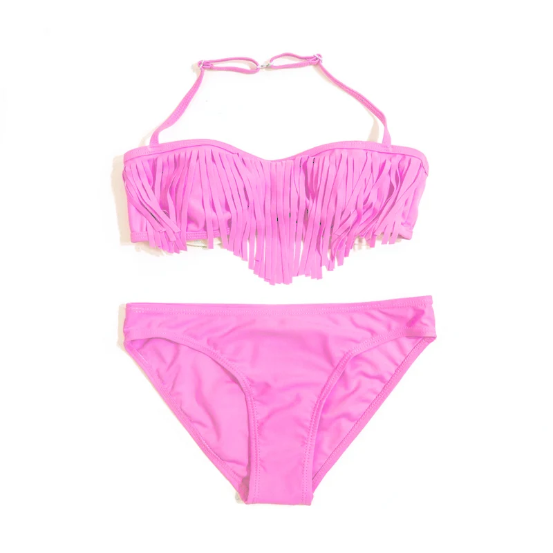 Tassle Solid Halter Girls Kids Bikini Set Summer Beach Cute Teen Kids Swimwear Swimsuit Children Swimming Suit