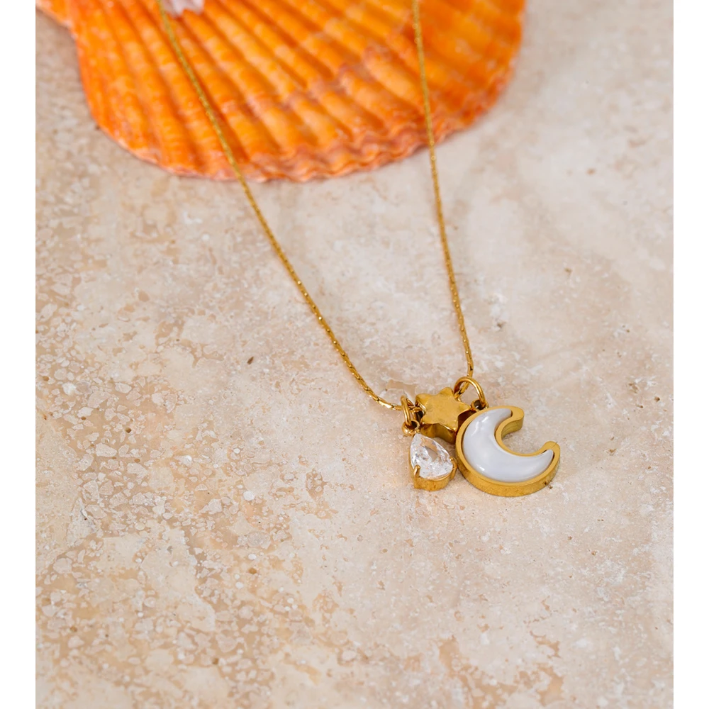 Yhpup Korean Style Stainless Steel Shell Zircon Moon Star Pendant Necklace Popular Exquisite Collar Jewelry Accessories